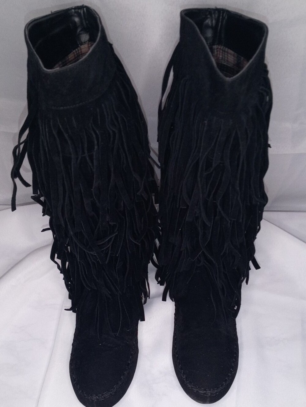 Black Fringe Suede Knee-High Boots